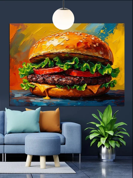 Hamburger Peynir Domates  Dekoratif Kanvas - Mdf Ahşap Tablo