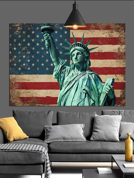 Özgürlük Heykeli Amerikan Bayrağı Dekoratif Kanvas - Mdf Ahşap Tablo - 2