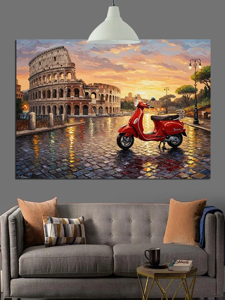 İtalya Kolezyum Kırmızı Scooter Dekoratif Kanvas - Mdf Ahşap Tablo - 2