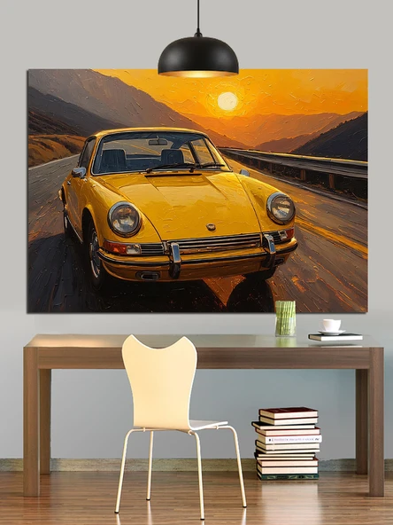 Sarı Klasik Araba Manzarası Dekoratif Kanvas - Mdf Ahşap Tablo - 3