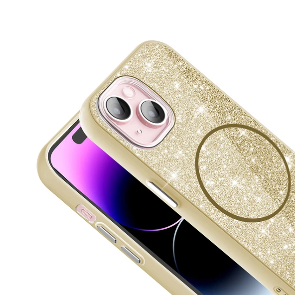 Apple iPhone 15 Kılıf M-safe Şarj Özellikli Parlayan Simli  Okso Kapak - Resim 5