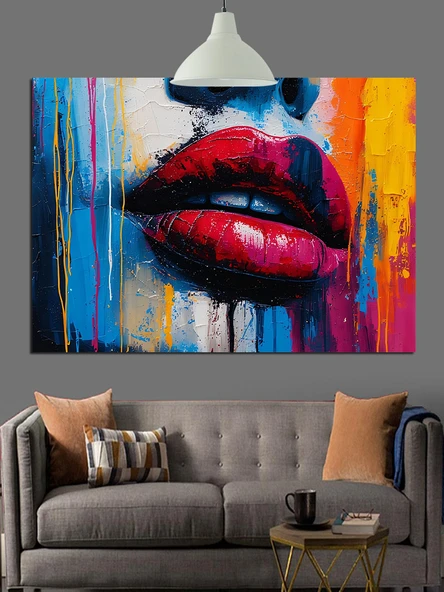 Sulu Parlak Kırmızı Dudaklar Dekoratif Kanvas - Mdf Ahşap Tablo