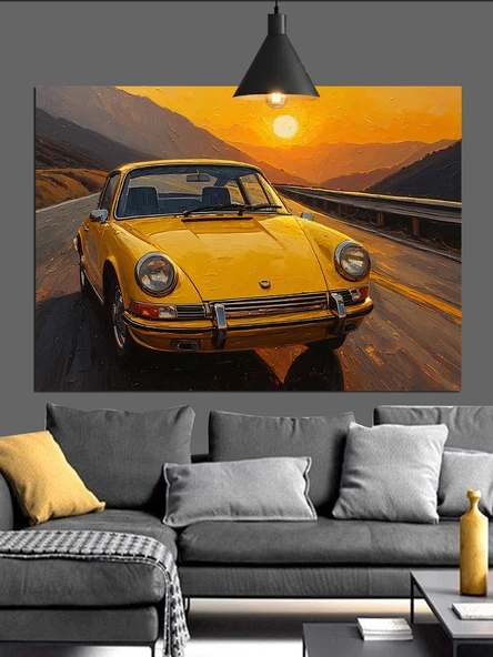 Sarı Klasik Araba Manzarası Dekoratif Kanvas - Mdf Ahşap Tablo