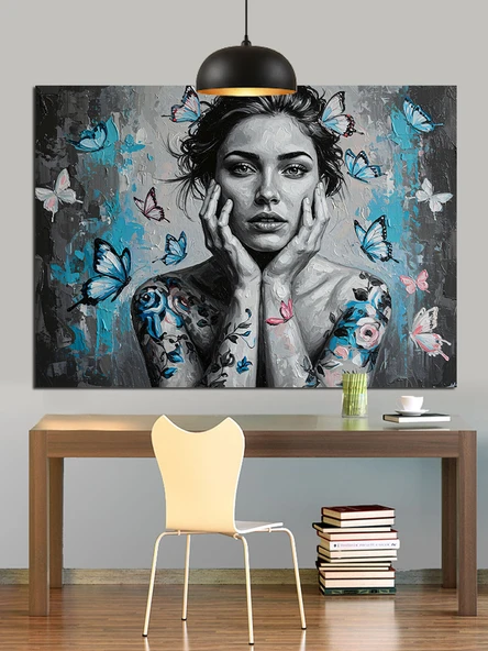 Kelebekler Arasında Üzgün Kadın Dekoratif Kanvas - Mdf Ahşap Tablo