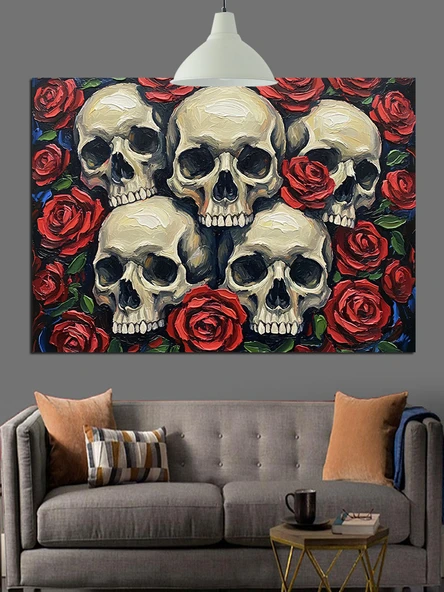 Çiçekli Kafatasları Sanatı Dekoratif Kanvas - Mdf Ahşap Tablo