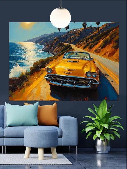 Sarı Spor Araba Hızı Dekoratif Kanvas - Mdf Ahşap Tablo - 2