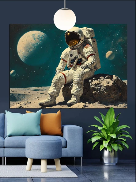 Astronot Uzayda Ay Manzarası Dekoratif Kanvas - Mdf Ahşap Tablo