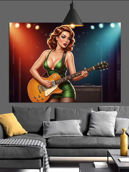 Yeşil Elbiseli Gitarist Kadın Dekoratif Kanvas - Mdf Ahşap Tablo - 2