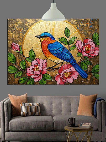 Mavi Kuş Bahar Çiçekleri Dekoratif Kanvas - Mdf Ahşap Tablo