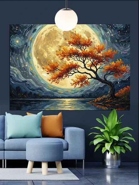 Küçük Ağaç Dolunay Manzarası Dekoratif Kanvas - Mdf Ahşap Tablo - 3