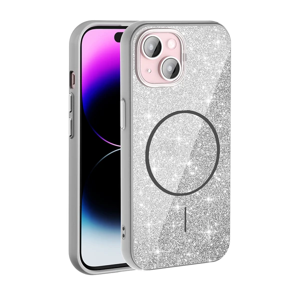 Apple iPhone 15 Kılıf M-safe Şarj Özellikli Parlayan Simli  Okso Kapak ürün görseli