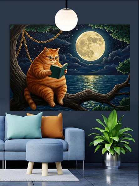 Kedi Dolunay Ağaç Altı Dekoratif Kanvas - Mdf Ahşap Tablo - 2