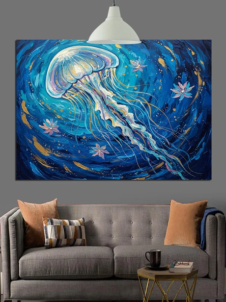 Mavi Denizanası Su Canlısı Dekoratif Kanvas - Mdf Ahşap Tablo - 2