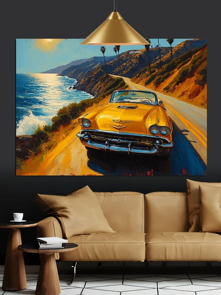 Sarı Spor Araba Hızı Dekoratif Kanvas - Mdf Ahşap Tablo - 3
