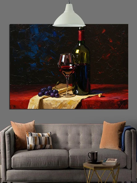 Şarap Kadehi Üzüm Peynir Dekoratif Kanvas - Mdf Ahşap Tablo