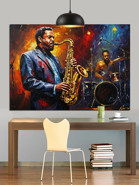 Saksafon Çalan Müzisyen Adam Dekoratif Kanvas - Mdf Ahşap Tablo