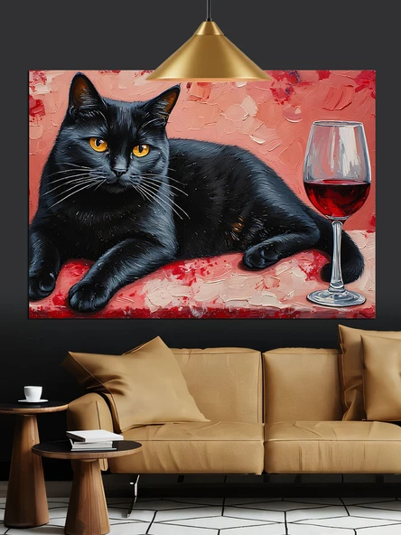 Siyah Kedi Şarap Balık Dekoratif Kanvas - Mdf Ahşap Tablo