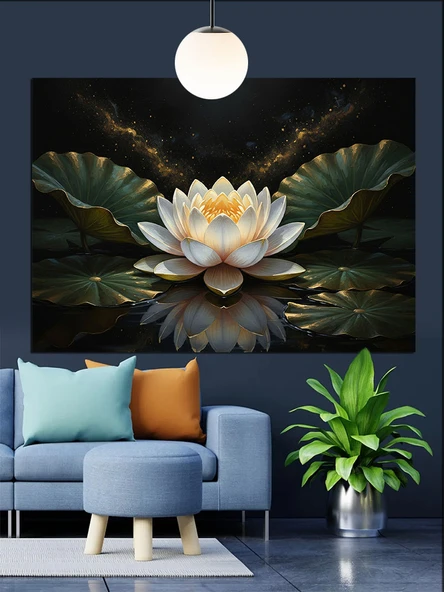 Beyaz Lotus Çiçeği Sanatı Dekoratif Kanvas - Mdf Ahşap Tablo