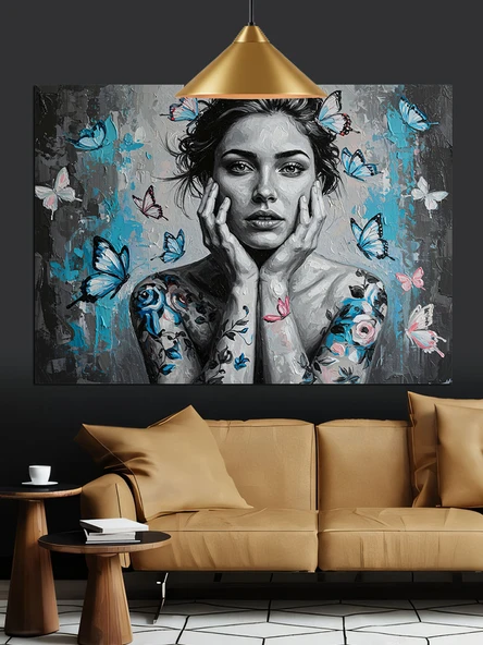 Kelebekler Arasında Üzgün Kadın Dekoratif Kanvas - Mdf Ahşap Tablo - 3