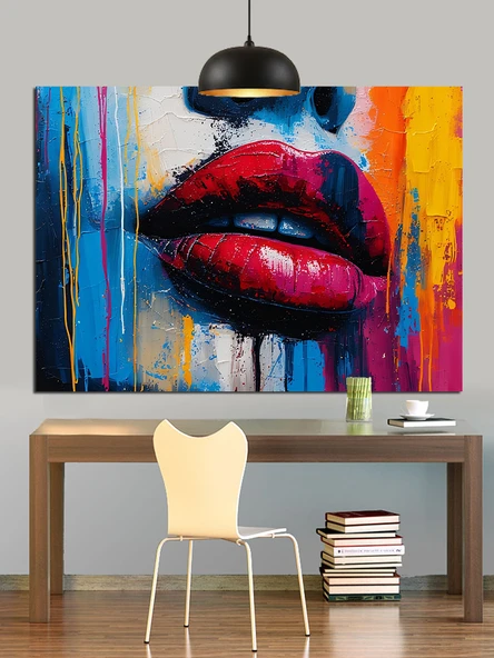 Sulu Parlak Kırmızı Dudaklar Dekoratif Kanvas - Mdf Ahşap Tablo - 2