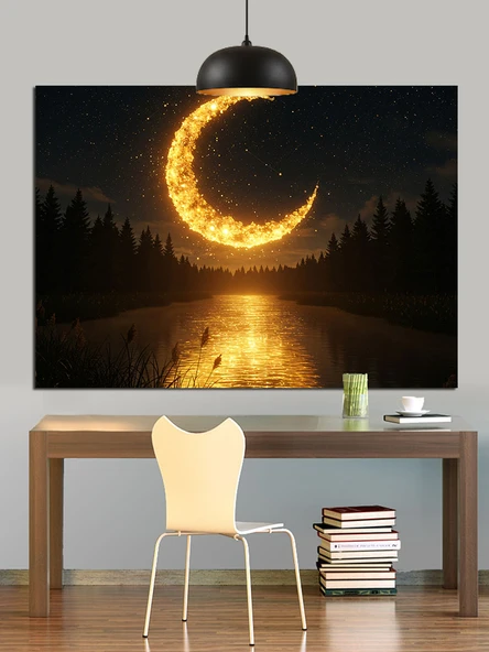 Hilal Ay Gece Manzarası Dekoratif Kanvas - Mdf Ahşap Tablo - 2