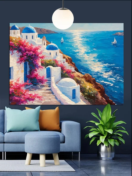 Yunan Adası Beyaz Evler Dekoratif Kanvas - Mdf Ahşap Tablo