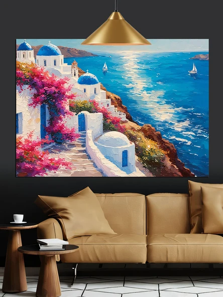 Yunan Adası Beyaz Evler Dekoratif Kanvas - Mdf Ahşap Tablo - 2