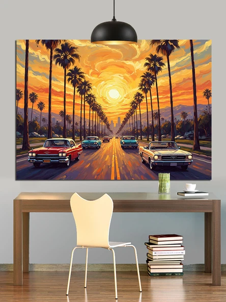 Palmiyeli Cadde Gün Batımı Dekoratif Kanvas - Mdf Ahşap Tablo - 2