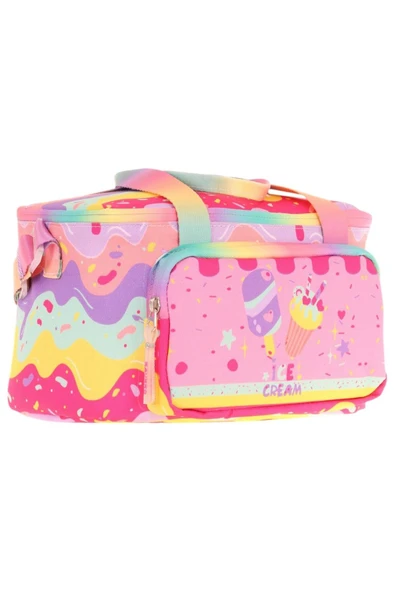 KAUKKO Kids Isı Yalıtımlı Kız Çocuk Dondurma Baskılı Pembe Beslenme Çantası L7232 (İki Bölmeli)