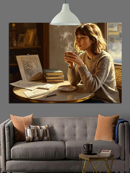 Pencerede Oturan Düşünceli Kadın Dekoratif Kanvas - Mdf Ahşap Tablo - 3