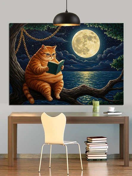 Kedi Dolunay Ağaç Altı Dekoratif Kanvas - Mdf Ahşap Tablo