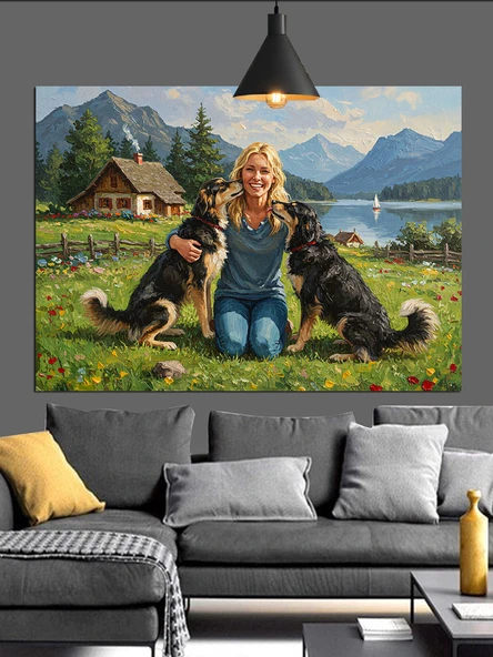 Köpekler Doğa Aile Manzarası Dekoratif Kanvas - Mdf Ahşap Tablo