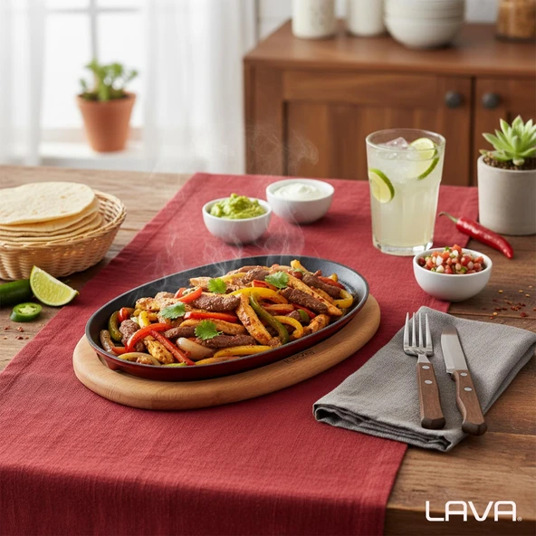 Lava Döküm Oval Fajita Tabağı Kayın Servis Ahşabı Ölçü 18x28cm. (Harici tava tutucu dahil değildir.)-Bordo - Resim 7