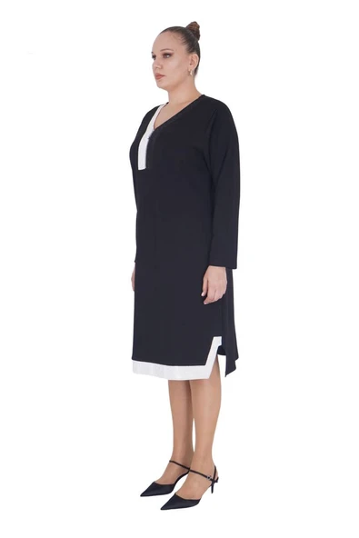 Kadın Büyük Beden Siyah Midi Dizaltı Uzun Kol  Elbise - Resim 2