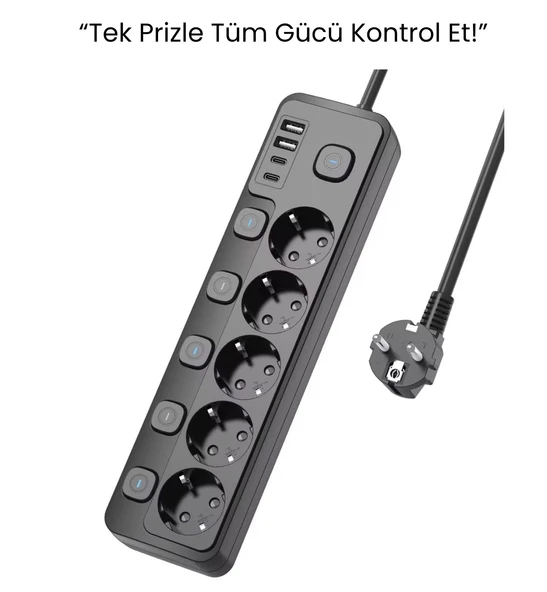 5 Priz 4 USB (2 Type-C) Akım Korumalı Anahtarlı Uzatma Kablosu 2 Metre - 3