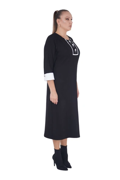 Kadın Büyük Beden Siyah Dizaltı Yarım Kol Elbise - 2