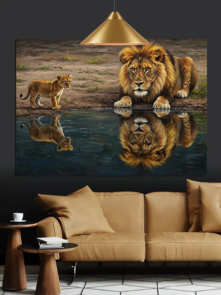 Aslan Yansıması Su Üstü Dekoratif Kanvas - Mdf Ahşap Tablo - 3