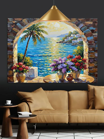 Palmiyeler Kıyı Gün Batımı Dekoratif Kanvas - Mdf Ahşap Tablo - 2