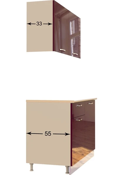 T Designo Bade Hazır Mutfak Dolabı 120CM Tezgah Dahil-Parlak Mürdüm - Resim 4