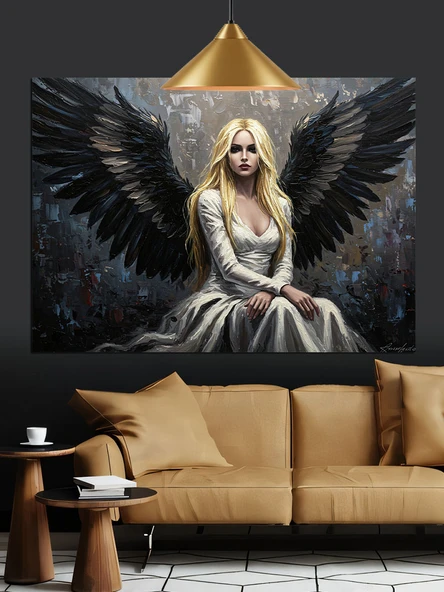 Siyah Kanatlı Melek Figürü Dekoratif Kanvas - Mdf Ahşap Tablo - 3