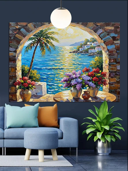 Palmiyeler Kıyı Gün Batımı Dekoratif Kanvas - Mdf Ahşap Tablo