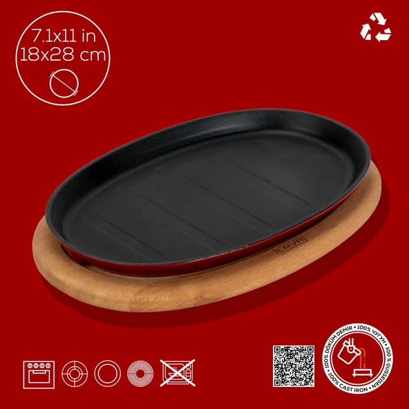 Lava Döküm Oval Fajita Tabağı Kayın Servis Ahşabı Ölçü 18x28cm. (Harici tava tutucu dahil değildir.)-Bordo - Resim 4