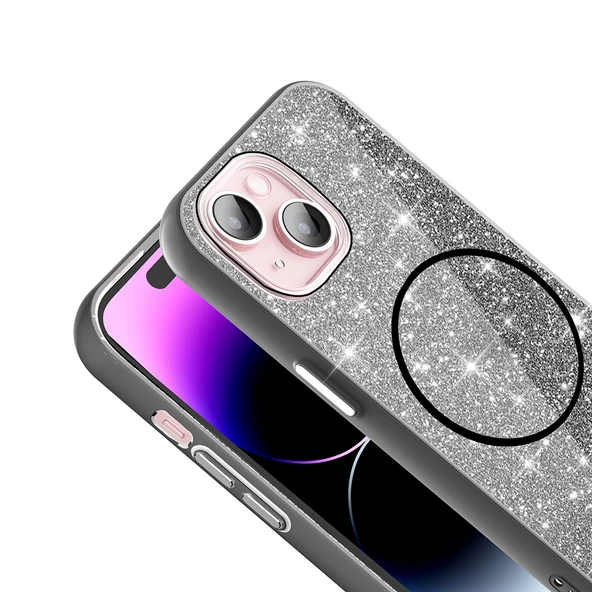 Apple iPhone 15 Plus Kılıf M-safe Şarj Özellikli Parlayan Simli  Okso Kapak - Resim 4