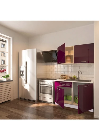 T Designo Bade Hazır Mutfak Dolabı 120CM Tezgah Dahil-Parlak Mürdüm - Resim 2