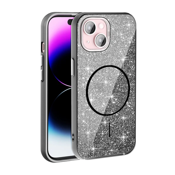 Apple iPhone 15 Plus Kılıf M-safe Şarj Özellikli Parlayan Simli  Okso Kapak - Resim 3