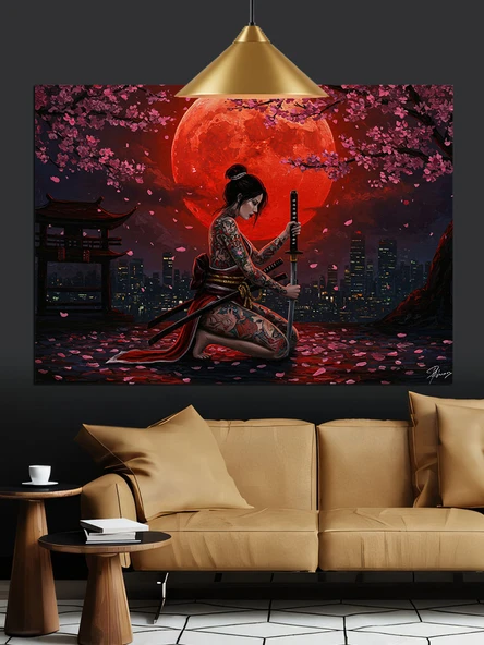 Kırmızı Dolunay Kadın Silüeti Dekoratif Kanvas - Mdf Ahşap Tablo - 2