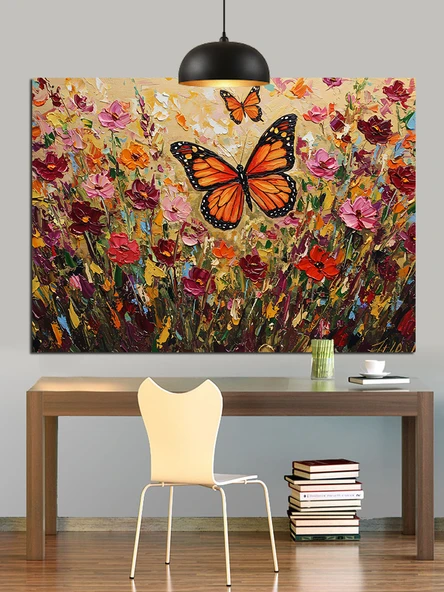 Kelebekler Çiçek Tarlası Uçuş Dekoratif Kanvas - Mdf Ahşap Tablo