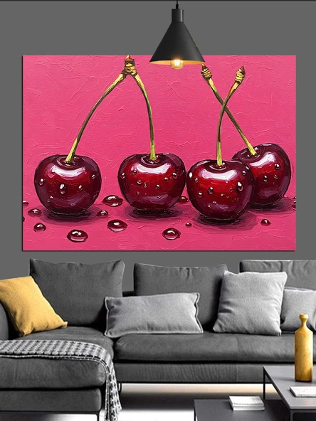 Taze Üç Kırmızı Kiraz Dekoratif Kanvas - Mdf Ahşap Tablo - 3