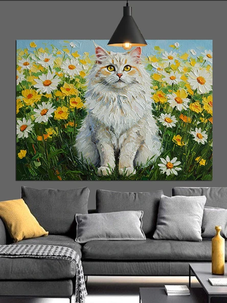 Beyaz Kedi Çiçek Tarlası Dekoratif Kanvas - Mdf Ahşap Tablo - 3