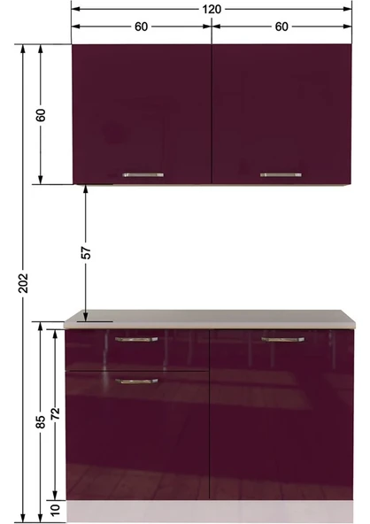 T Designo Bade Hazır Mutfak Dolabı 120CM Tezgah Dahil-Parlak Mürdüm - Resim 3